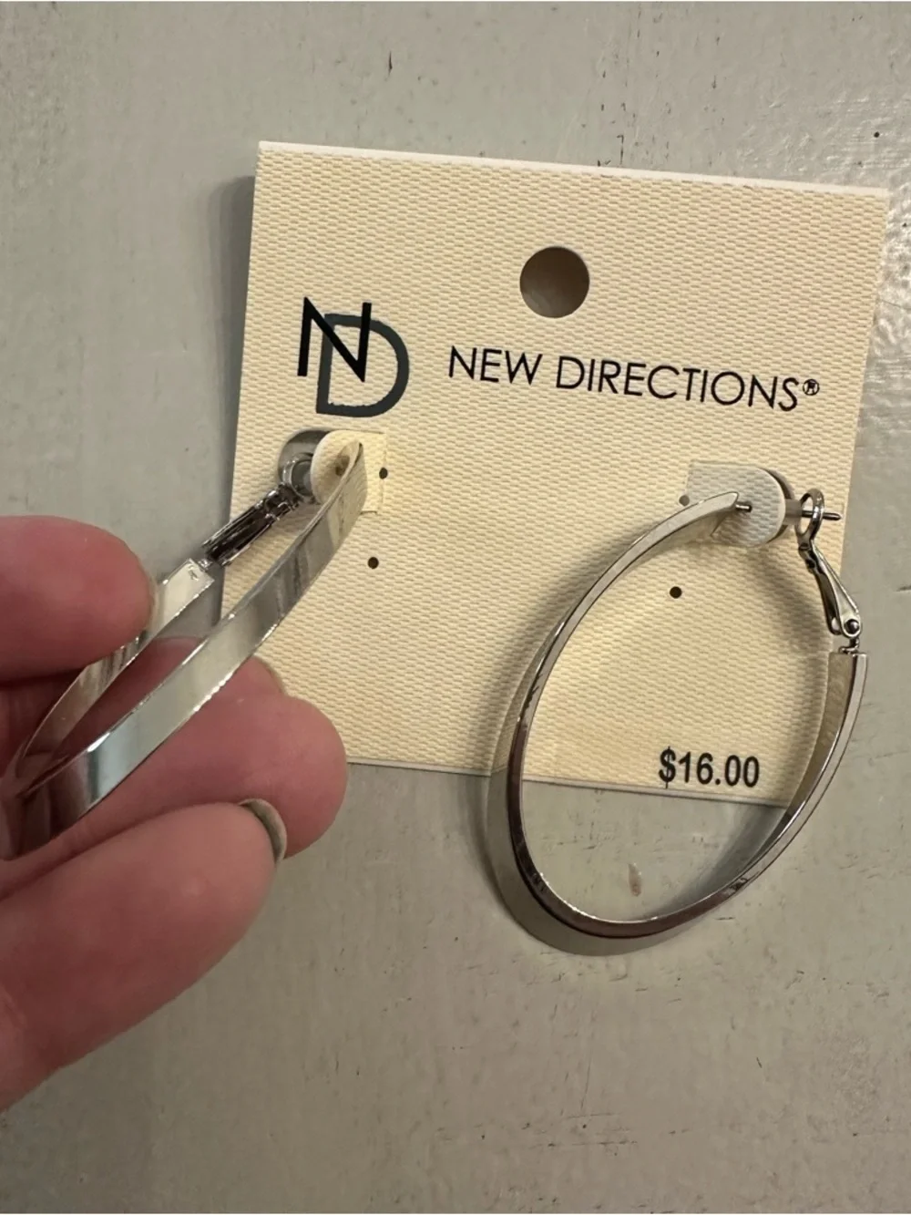 New Directions Women's Silver Elongated Oval Hoop Earrings with Post/Hinge NWT